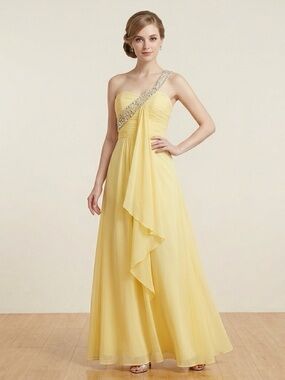 NWT Yellow Silk Chiffon Grecian One Shoulder Beaded Maxi Gown Prom Sz 4 6